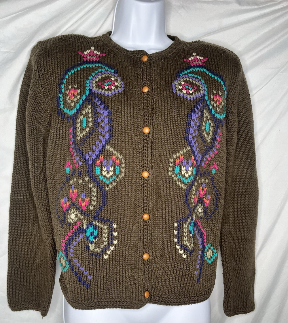 Susan Bristol Knit Cardigan Sweater Sz Large Brown Hand Embroidered Vintage 1989